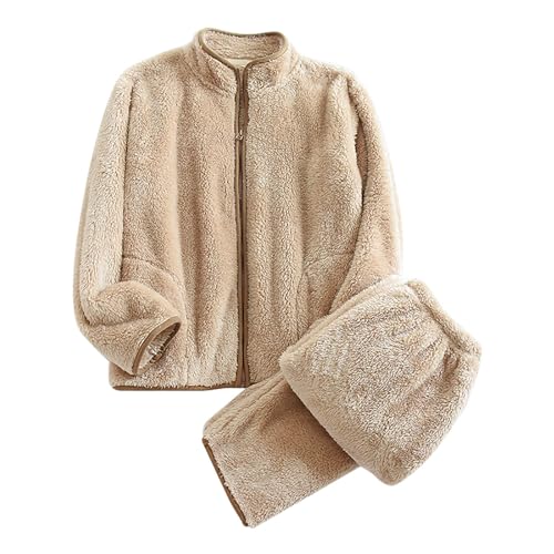 Women's Fuzzy Sherpa Fleece Pajamas Sets Long Sleeve Zip Up Jacket